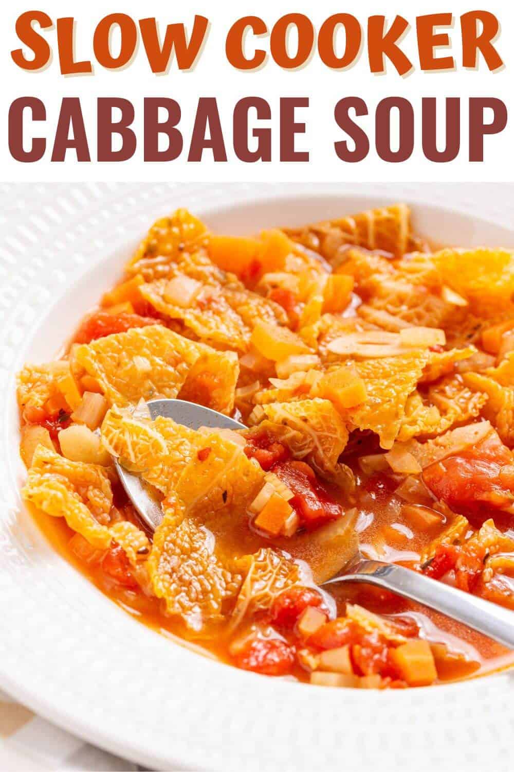 Slow cooker cabbage soup on a white plate.
