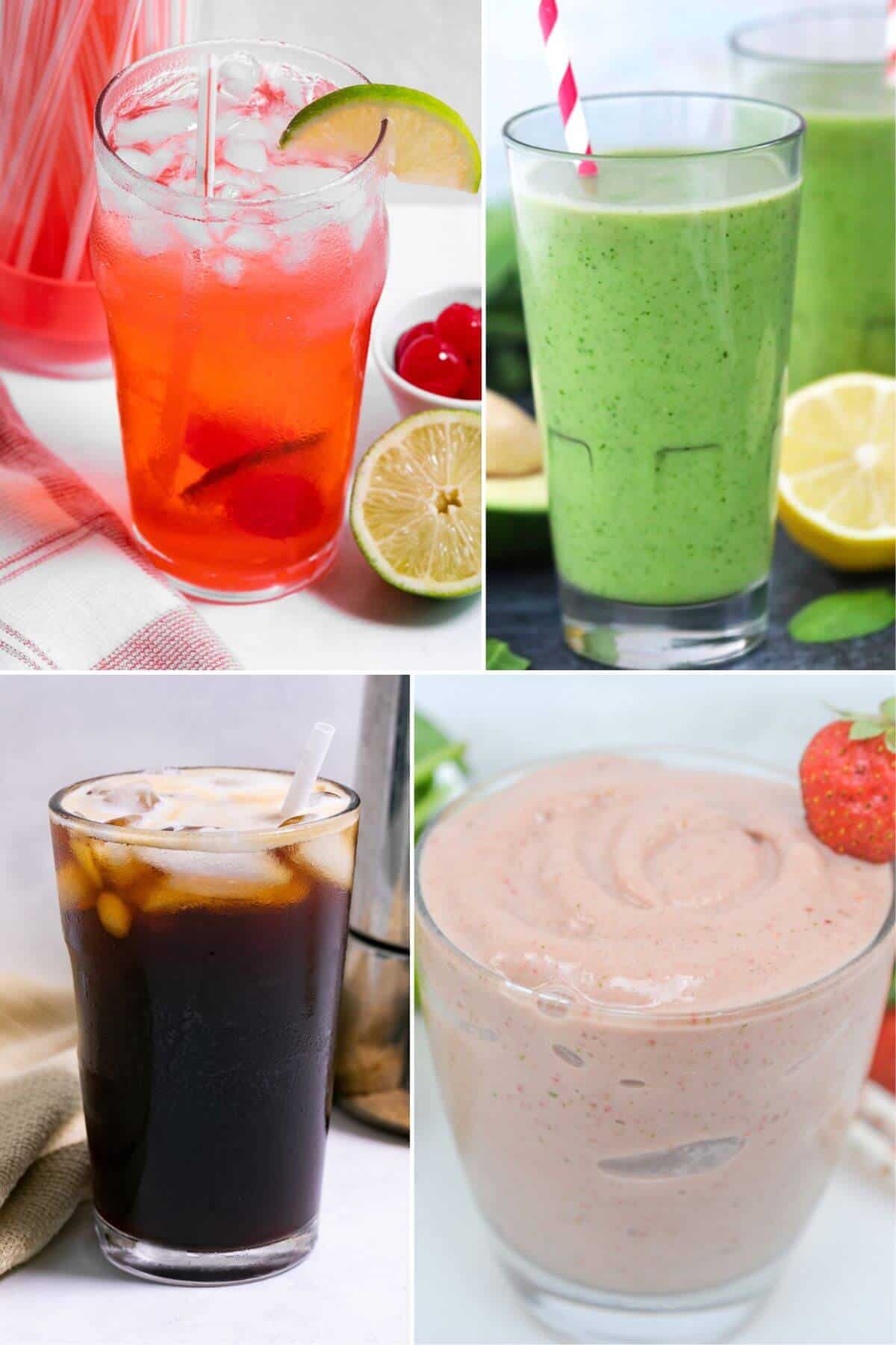 A collage of four different beverages that will keep you sipping all day long: a red iced drink with a lime slice, a green smoothie, iced coffee, and a pink strawberry smooth