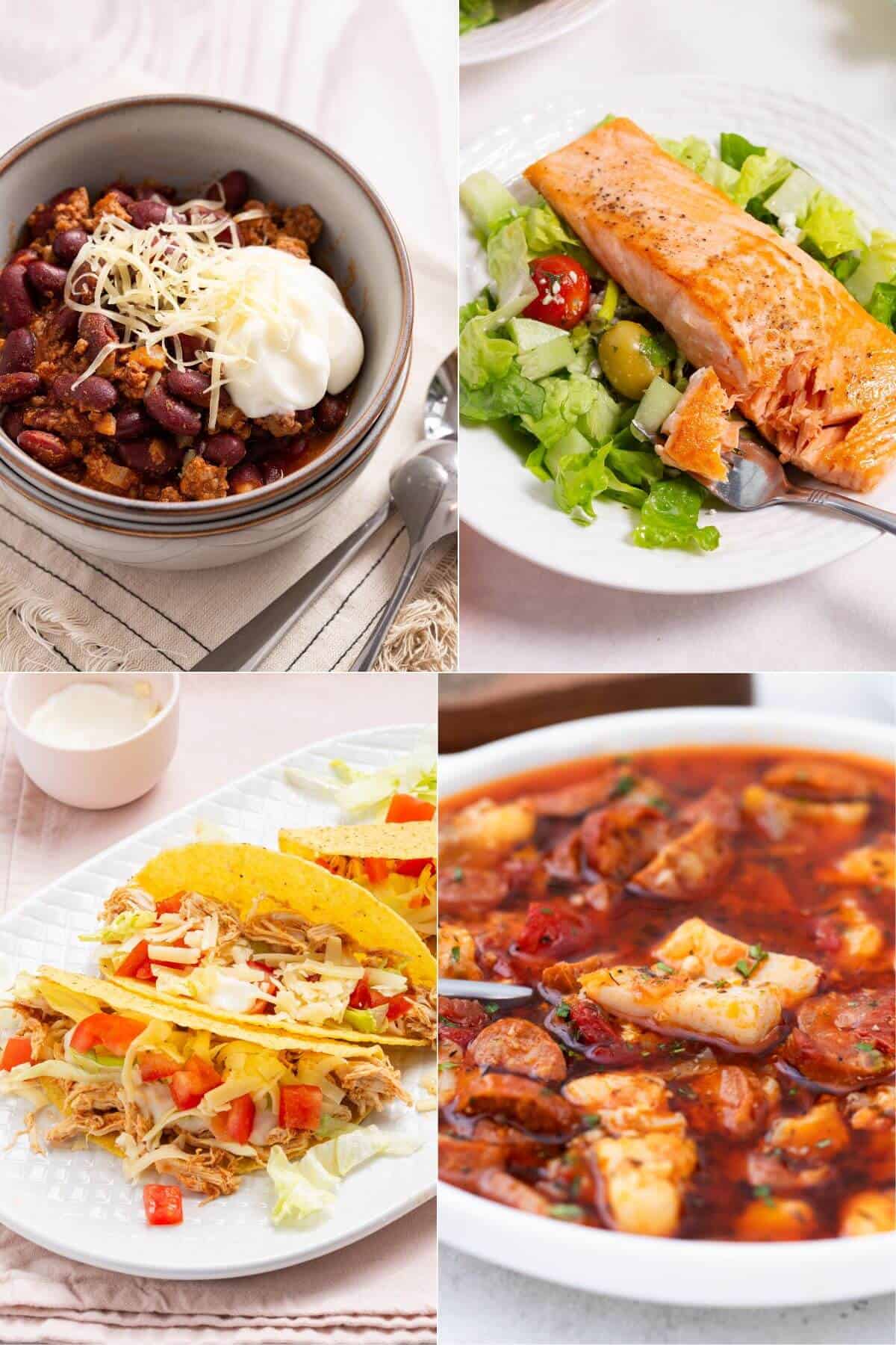 A collage of four easy, no-gluten meals you actually have to try, including a bowl of chili with cheese and sour cream, grilled salmon over a green salad, tacos filled with shredded meat and