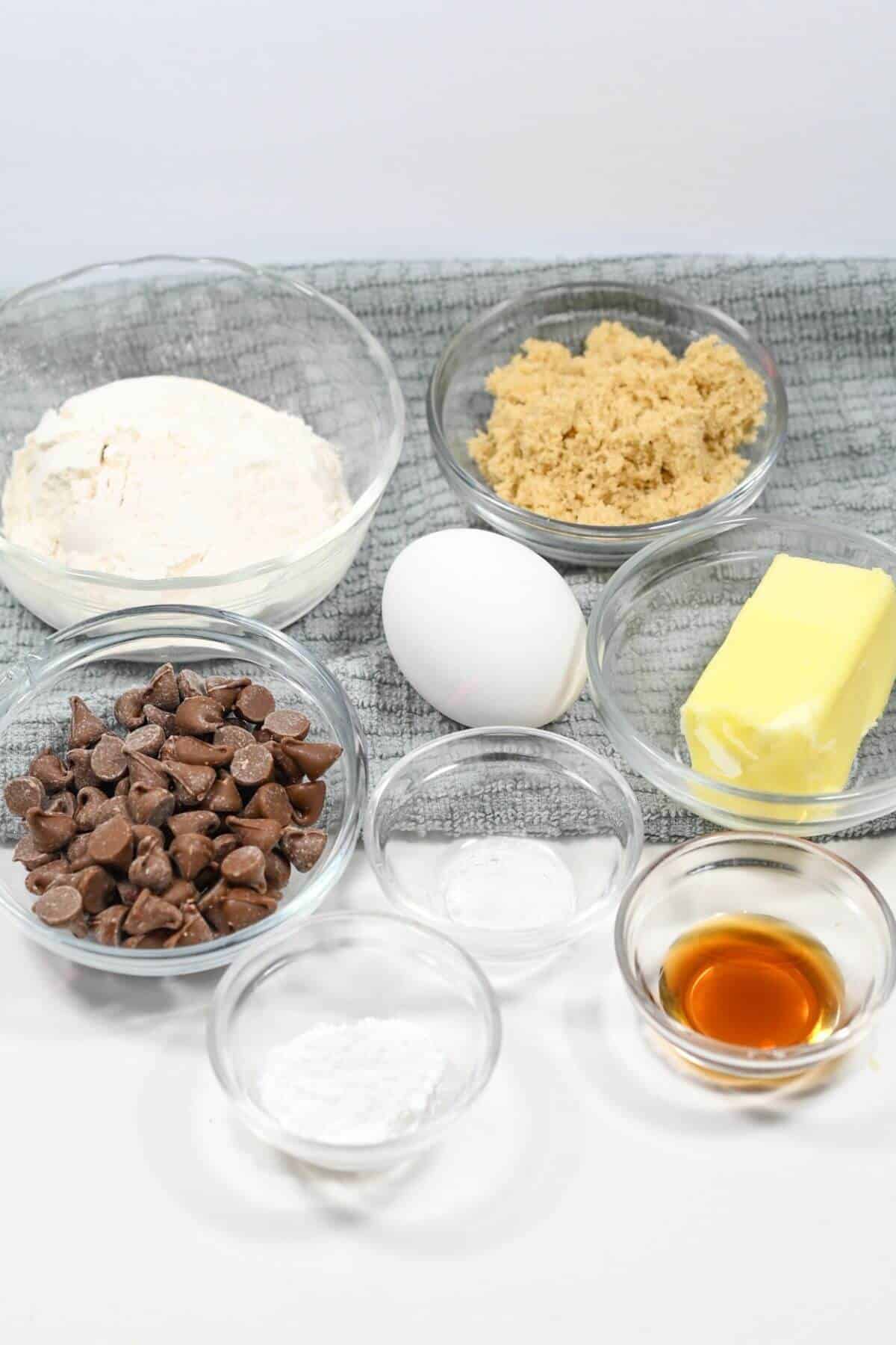 Chocolate chip cookie ingredients on a table.