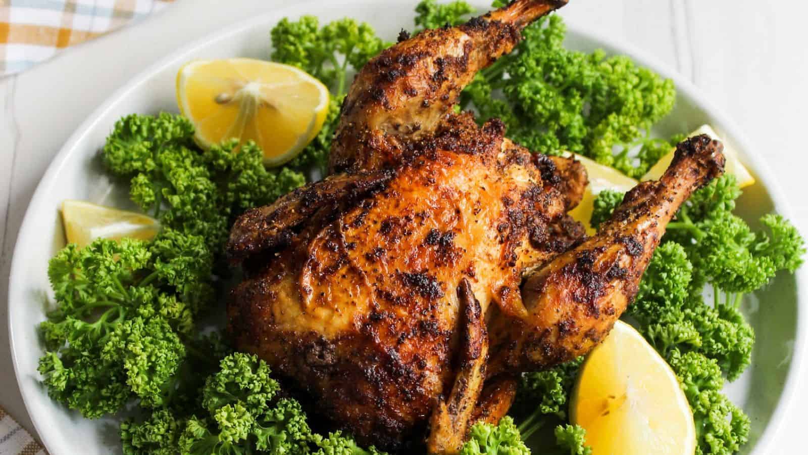 Air fryer Cornish hen on a white plate with lemon wedges.