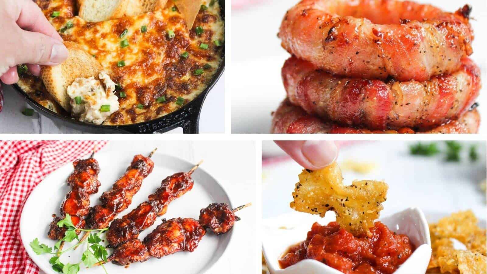 A collage of four images displaying different types of food: a skillet with a baked dish, spiral-cut sausages, grilled skewers, and a person dipping a chip into a bowl of salsa.