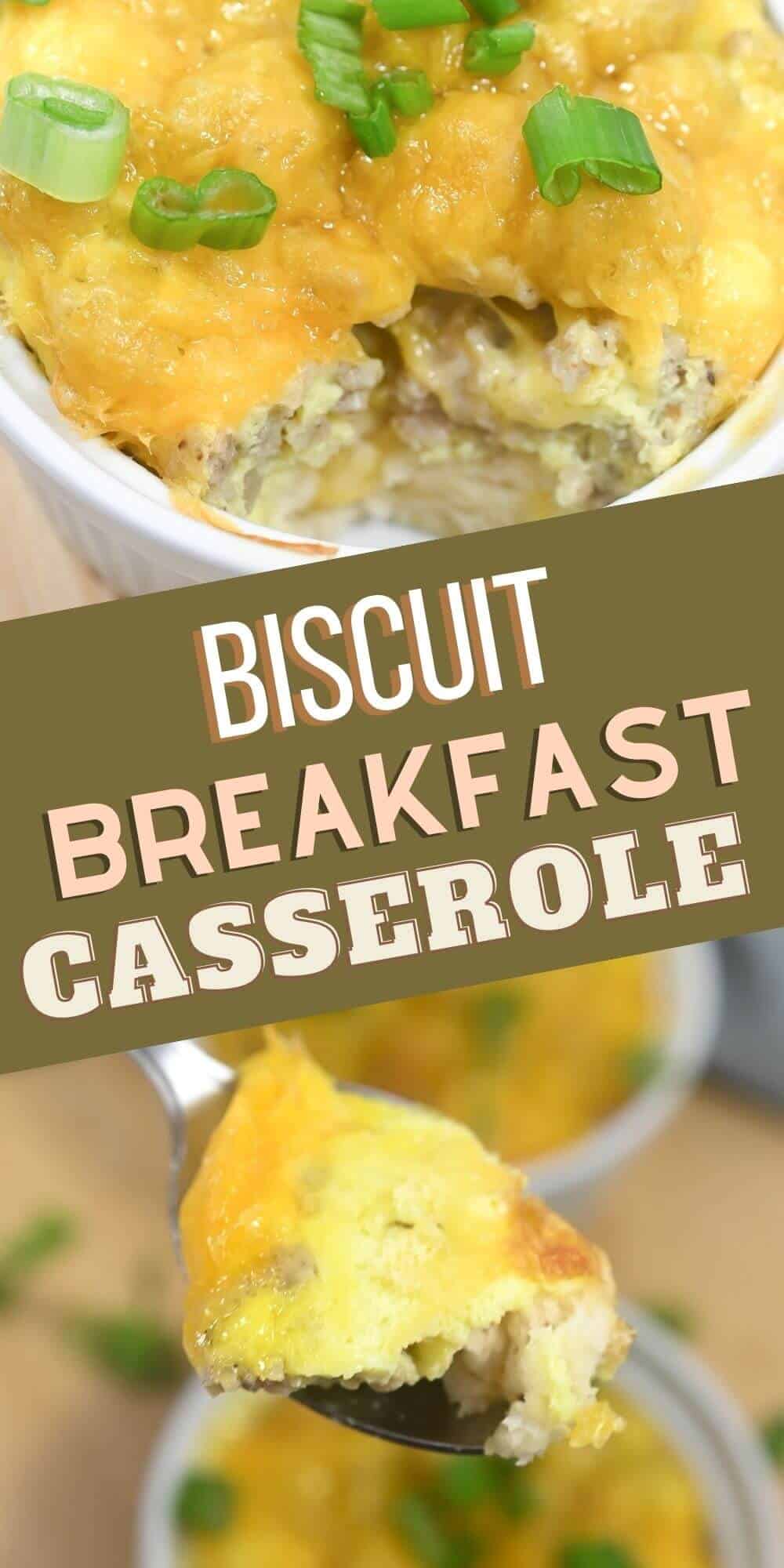 A biscuit breakfast casserole topped with melted cheese and green onions, with a serving spoon taking a portion.