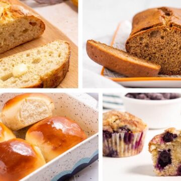 A collage of various baked goods, including sliced bread with butter, banana bread, glazed buns, and blueberry muffins.