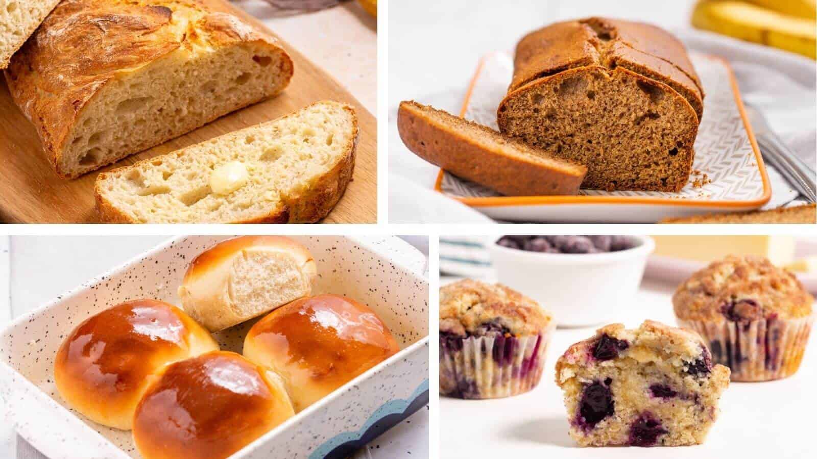 A collage of various baked goods, including sliced bread with butter, banana bread, glazed buns, and blueberry muffins.
