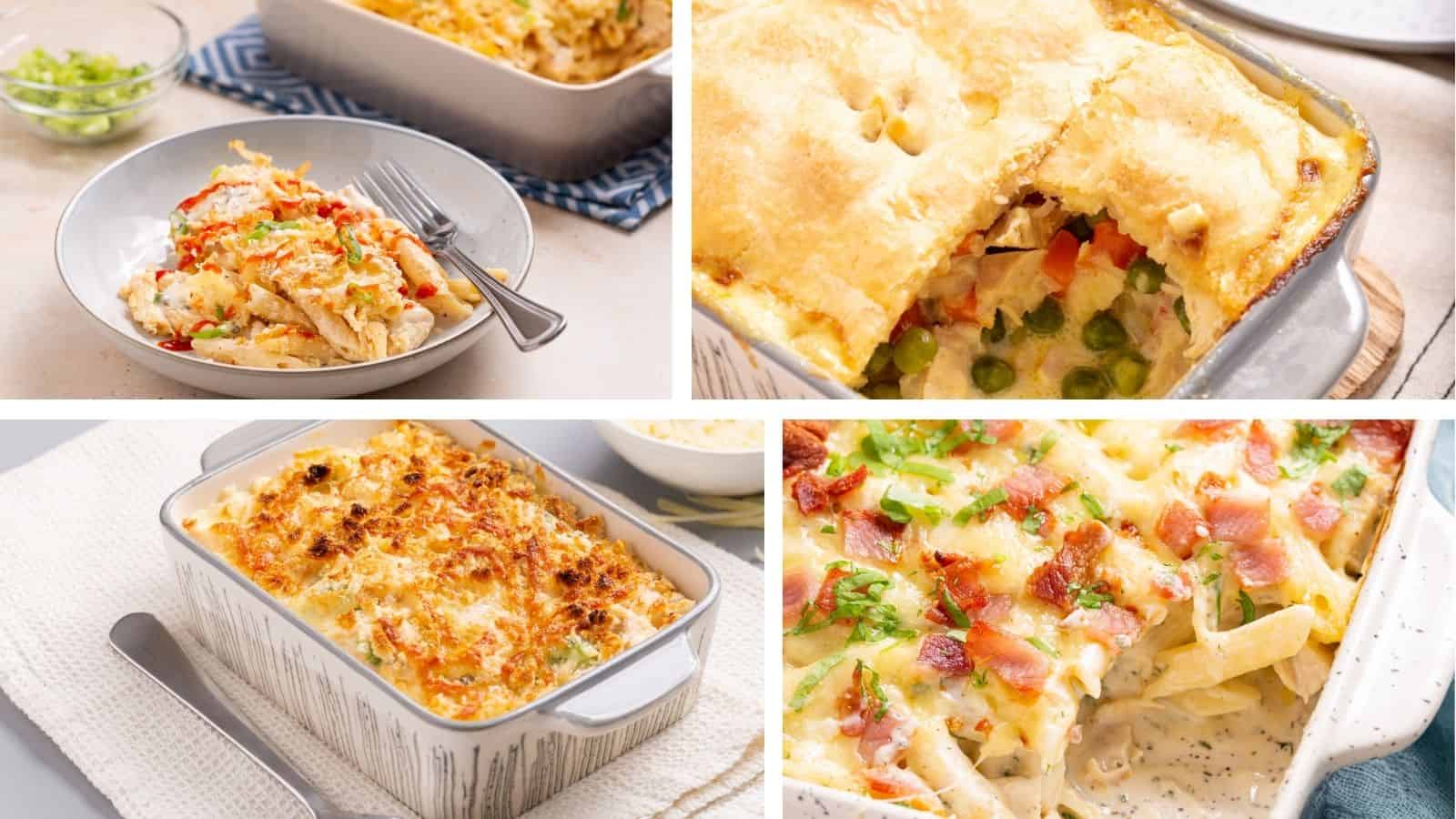 A cozy collage of four dishes perfectly sized for smaller families: creamy chicken casserole, pot pie with a flaky crust, baked chicken divan, and creamy bacon ranch pasta