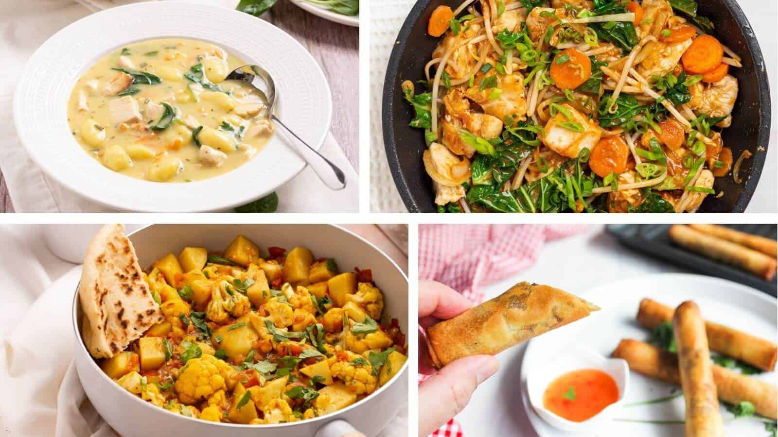 A collage of four diverse dishes: creamy soup, stir-fry, a curry with bread, and spring rolls with dipping sauce.