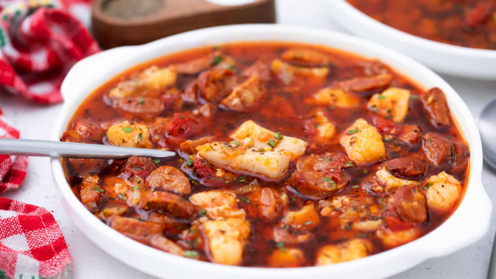 A bowl of seafood and sausage gumbo with a spoon, served on a white surface with a red checked napkin beside it.