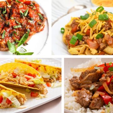 Collage of four dishes: grilled chicken with herbs, chili over cornbread, tacos with vegetables, and beef stew with rice and peppers.