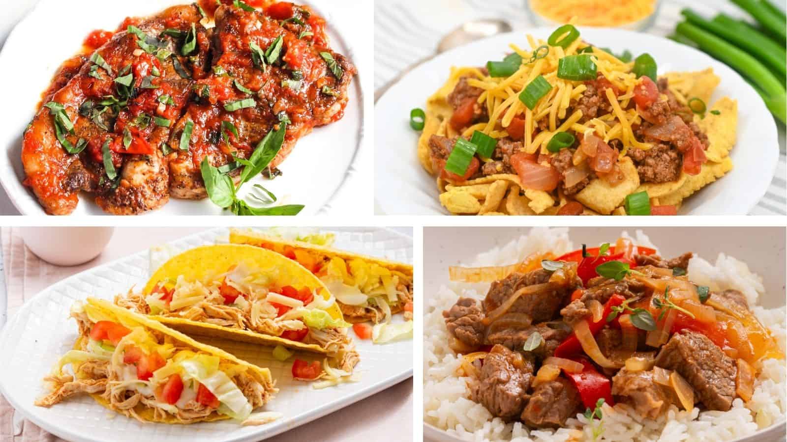 Collage of four dishes: grilled chicken with herbs, chili over cornbread, tacos with vegetables, and beef stew with rice and peppers.