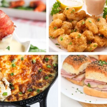A collage of four different appetizers: a hand dipping shrimp in sauce, breaded shrimp with dipping sauce, a skillet with a baked casserole, and sliders with ham and cheese.