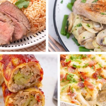 Four different plated meals showcased in a grid layout, featuring sliced beef, grilled chicken with mushrooms, stuffed cabbage rolls, and creamy pasta with bacon.