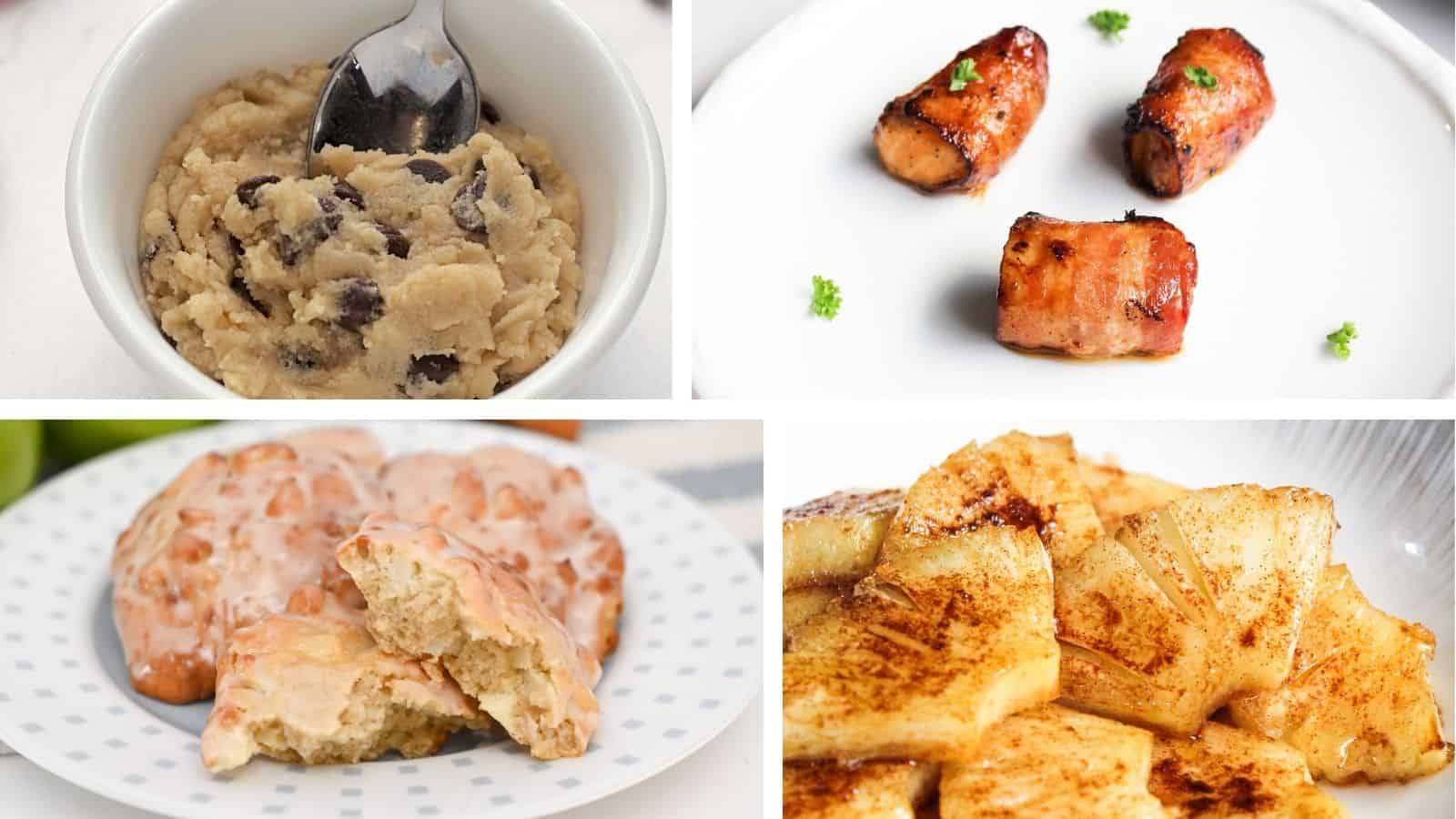 Four assorted dishes displayed in a collage, comprising mashed bananas, glazed sausages, a scone with icing, and spiced, roasted pineapple chunks.