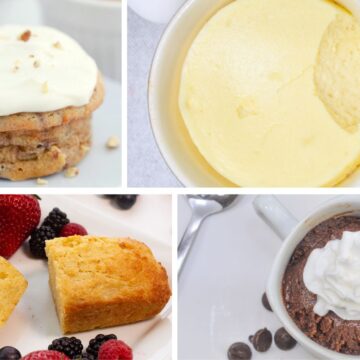 Collage of four desserts: carrot mug cake with cream, scooped souffle cheesecake, pound cake with berries, and chocolate mug cake with whipped cream.