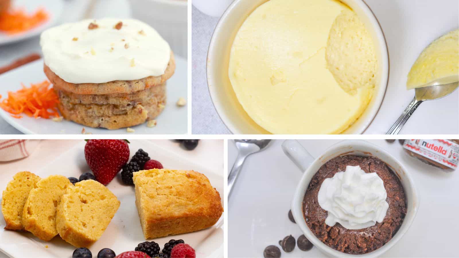 Collage of four desserts: carrot mug cake with cream, scooped souffle cheesecake, pound cake with berries, and chocolate mug cake with whipped cream.