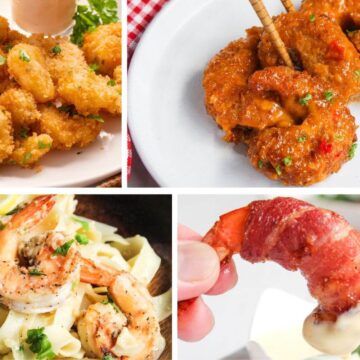 Collage of four shrimp dishes: fried shrimp with lemon, spicy glazed shrimp, shrimp pasta with lemon, and a bacon wrapped shrimp dipped in sauce.