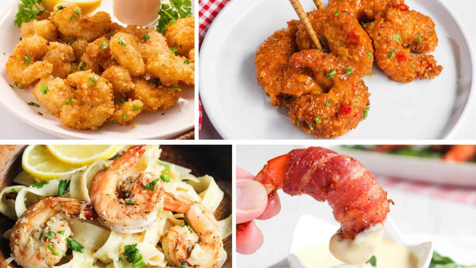 Collage of four shrimp dishes: fried shrimp with lemon, spicy glazed shrimp, shrimp pasta with lemon, and a bacon wrapped shrimp dipped in sauce.