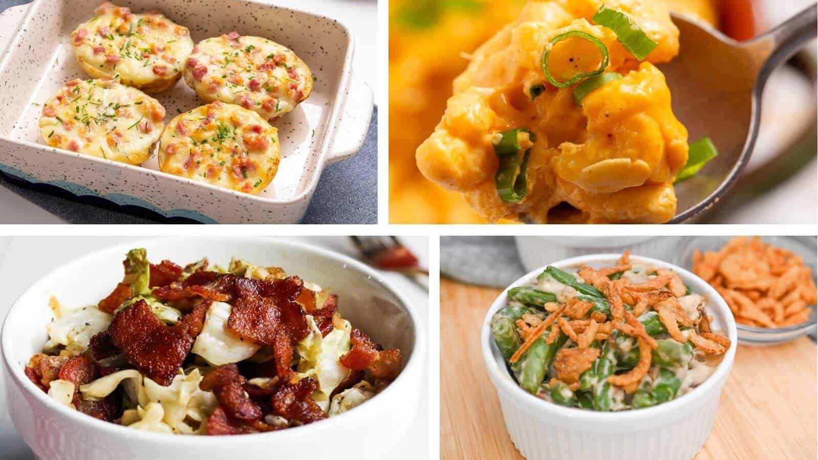 A collage of four dishes: stuffed potatoes, macaroni and cheese, cabbage with bacon, and green bean casserole.
