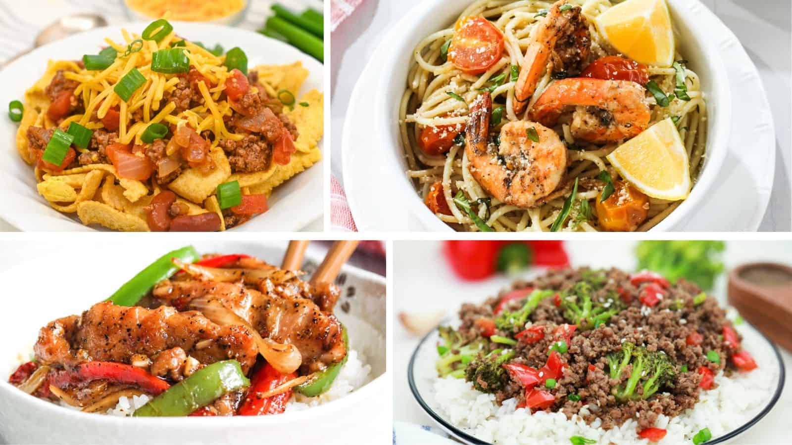 A collage of four diverse skillet dishes you can't mess up no matter how hard you try: nachos with toppings, shrimp pasta, chicken stir-fry over rice, and ground beef over rice with