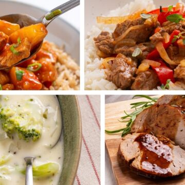 Collage of four dishes: sweet and sour chicken, beef stir fry with rice, creamy broccoli soup, and slow cooker roasted pork loin with herbs.