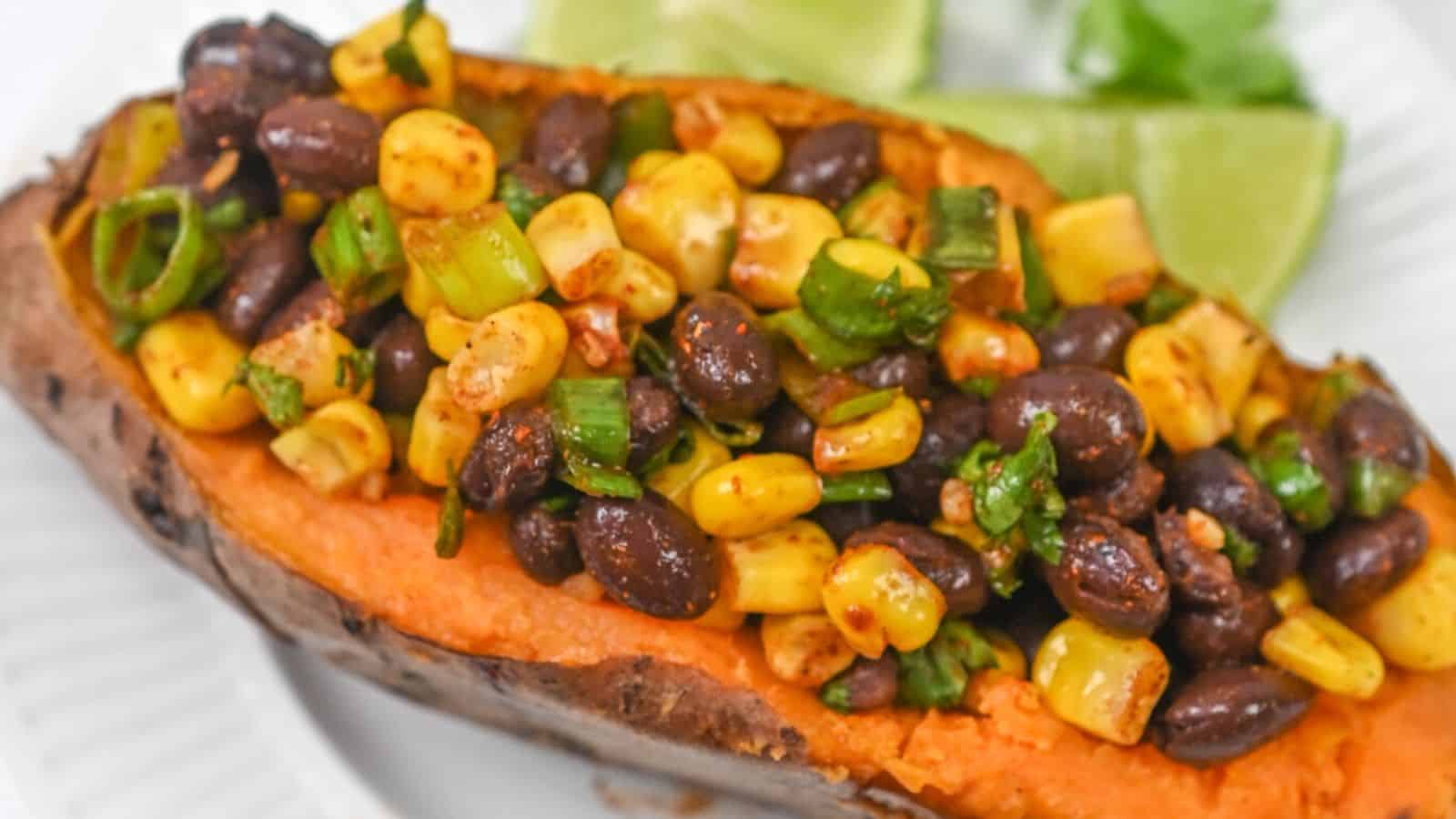 Sweet potato stuffed with black beans and corn.