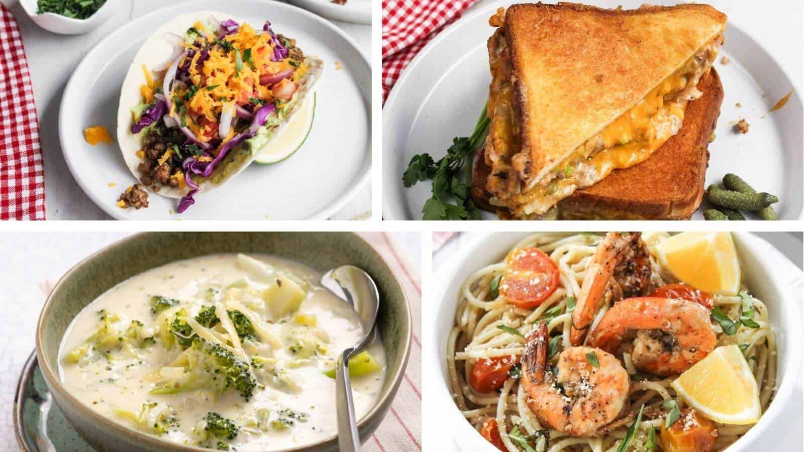 Four diverse dishes displayed: a taco with colorful toppings, a grilled cheese sandwich, creamy broccoli soup, and shrimp pasta with tomatoes and lemon.