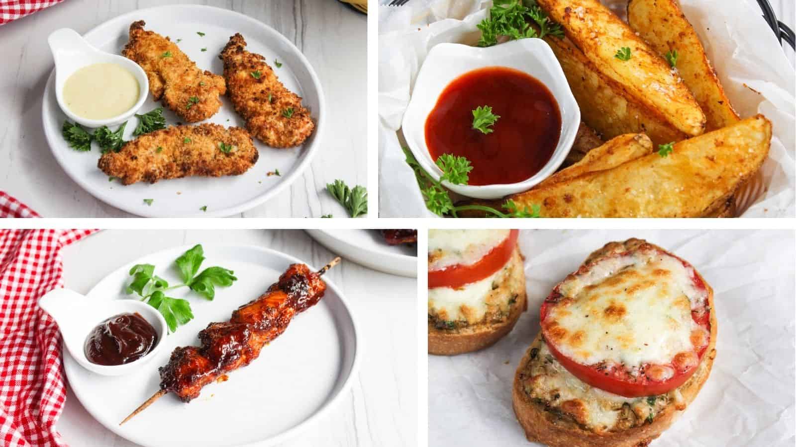 A collage of four easy air fryer dinner ideas for hectic evenings including breaded chicken, potato wedges, barbecue skewers, and open-faced melted cheese sandwiches.