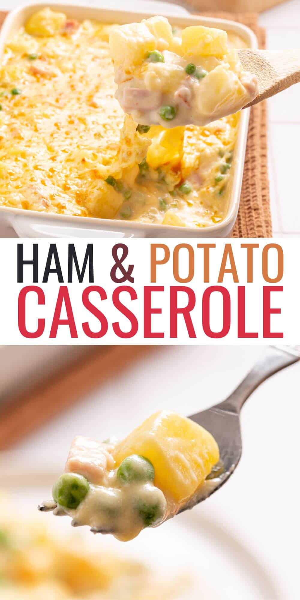 A creamy ham and potato casserole with peas, nestled in a white dish and scooped onto a spoon.