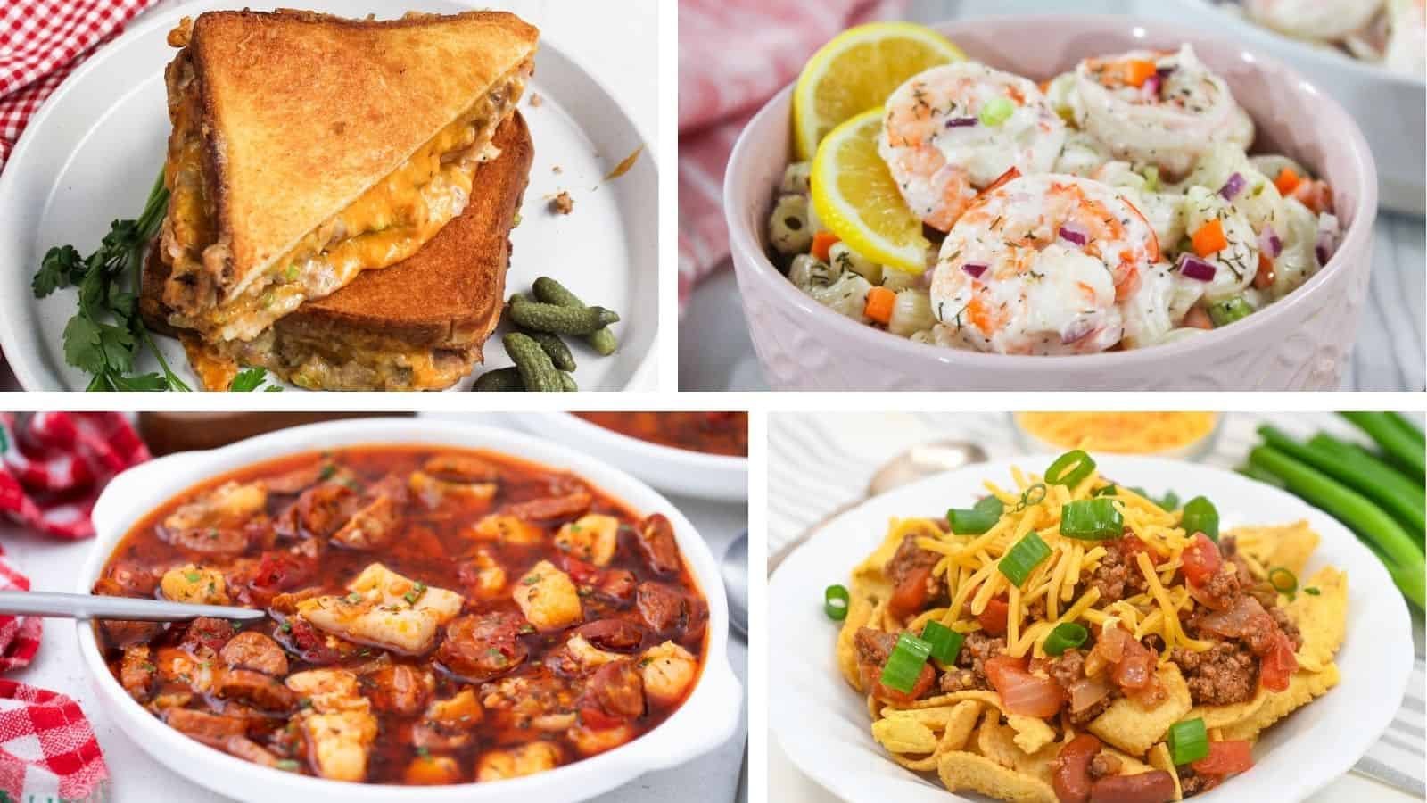 Collage of four lunch recipes that'll have you looking forward to noon: a melted cheese sandwich, shrimp salad, spicy tofu curry, and nachos topped with chili and cheese.