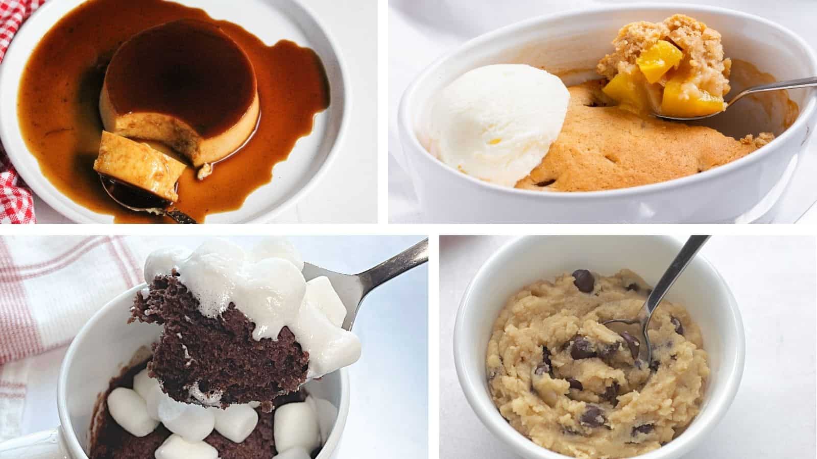 Four images displaying different mini desserts you won't feel guilty about: caramel flan, peach cobbler with ice cream, chocolate cake with marshmallows, and chocolate chip cookie dough in