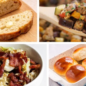 Collage of four enticing dishes: sliced baguette, vegetable ratatouille on a wooden spoon, bacon and cabbage salad in a bowl, and shiny buns on a plate