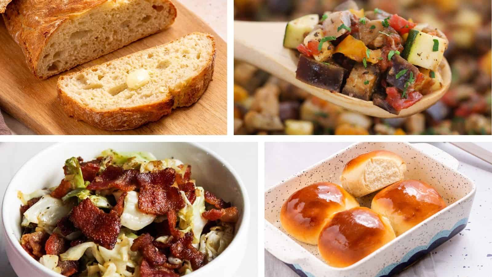 Collage of four enticing dishes: sliced baguette, vegetable ratatouille on a wooden spoon, bacon and cabbage salad in a bowl, and shiny buns on a plate