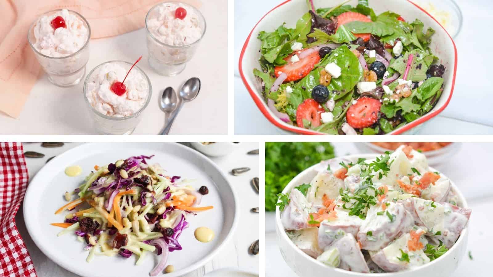 A collage of four dishes: dessert in glasses with cherries, mixed green salad with fruits, coleslaw with raisins, and creamy potato salad with herbs.