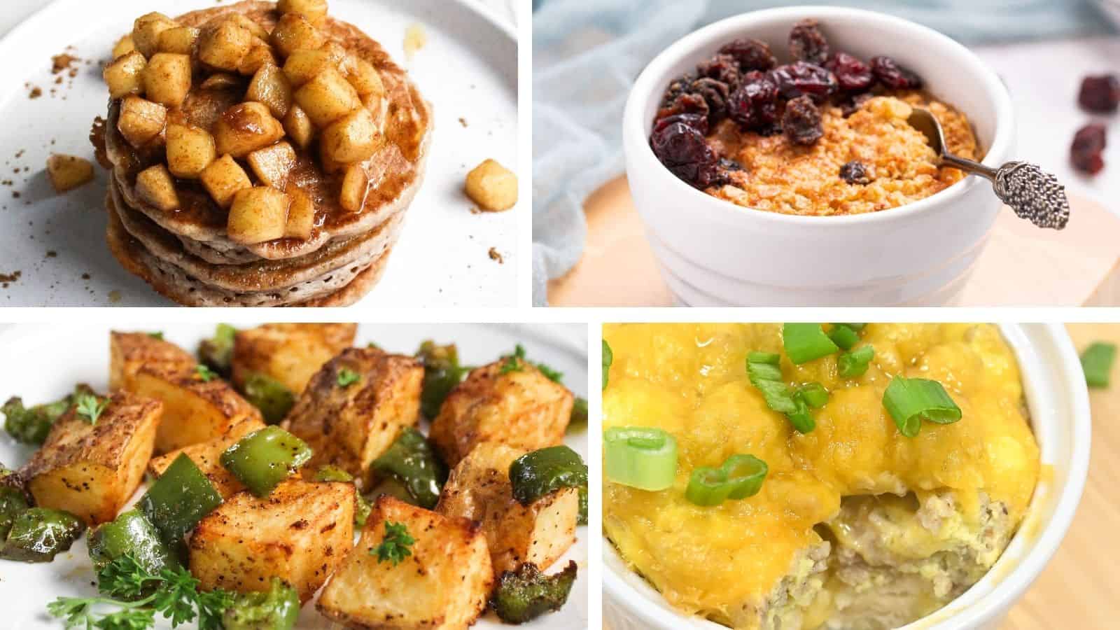 Image showing four different breakfast dishes: a stack of pancakes topped with diced apples, a bowl of oatmeal with dried fruits, roasted potatoes with green peppers, and an egg dish with melted cheese.