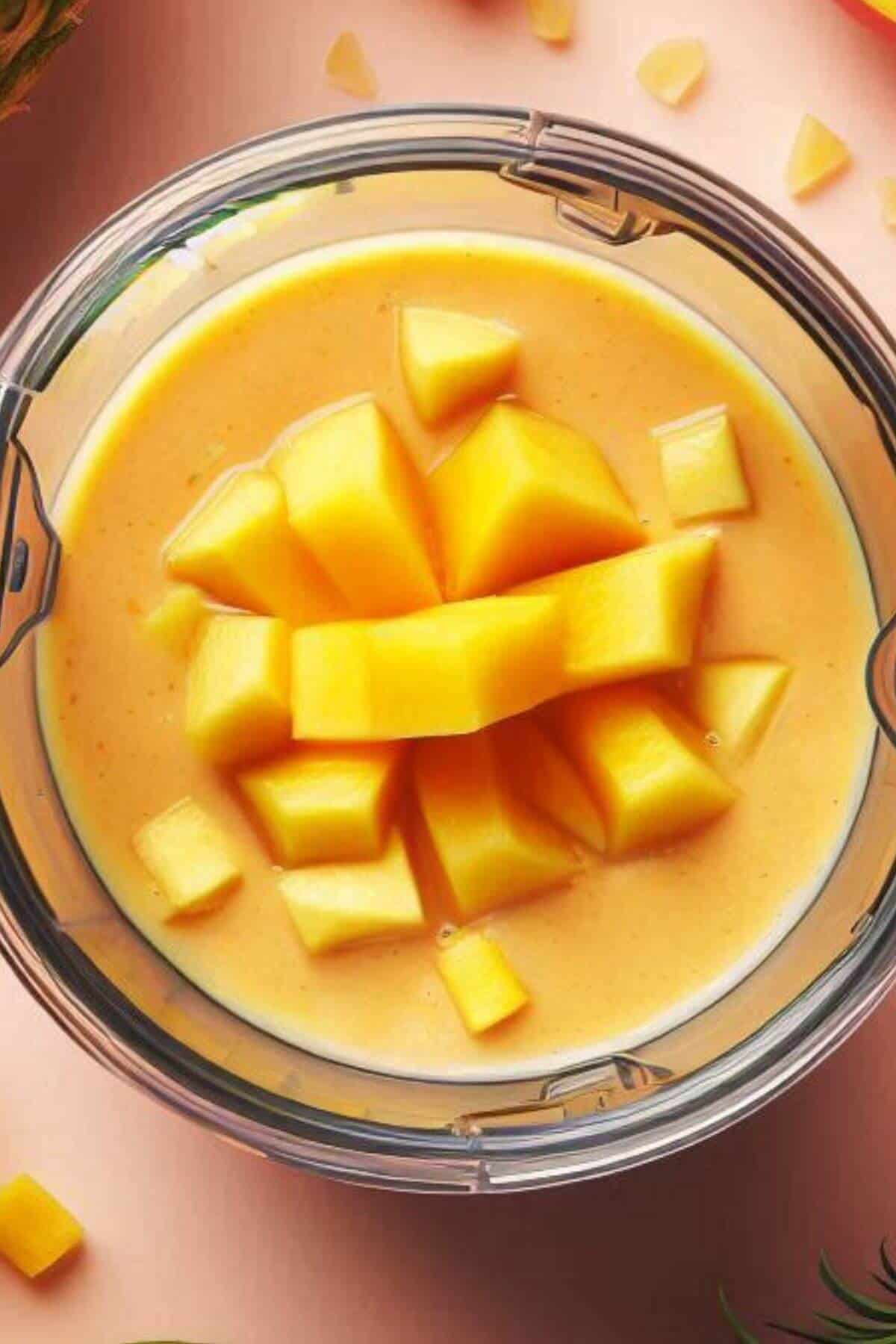 A blender filled with a yellow smoothie is topped with chunks of mango.