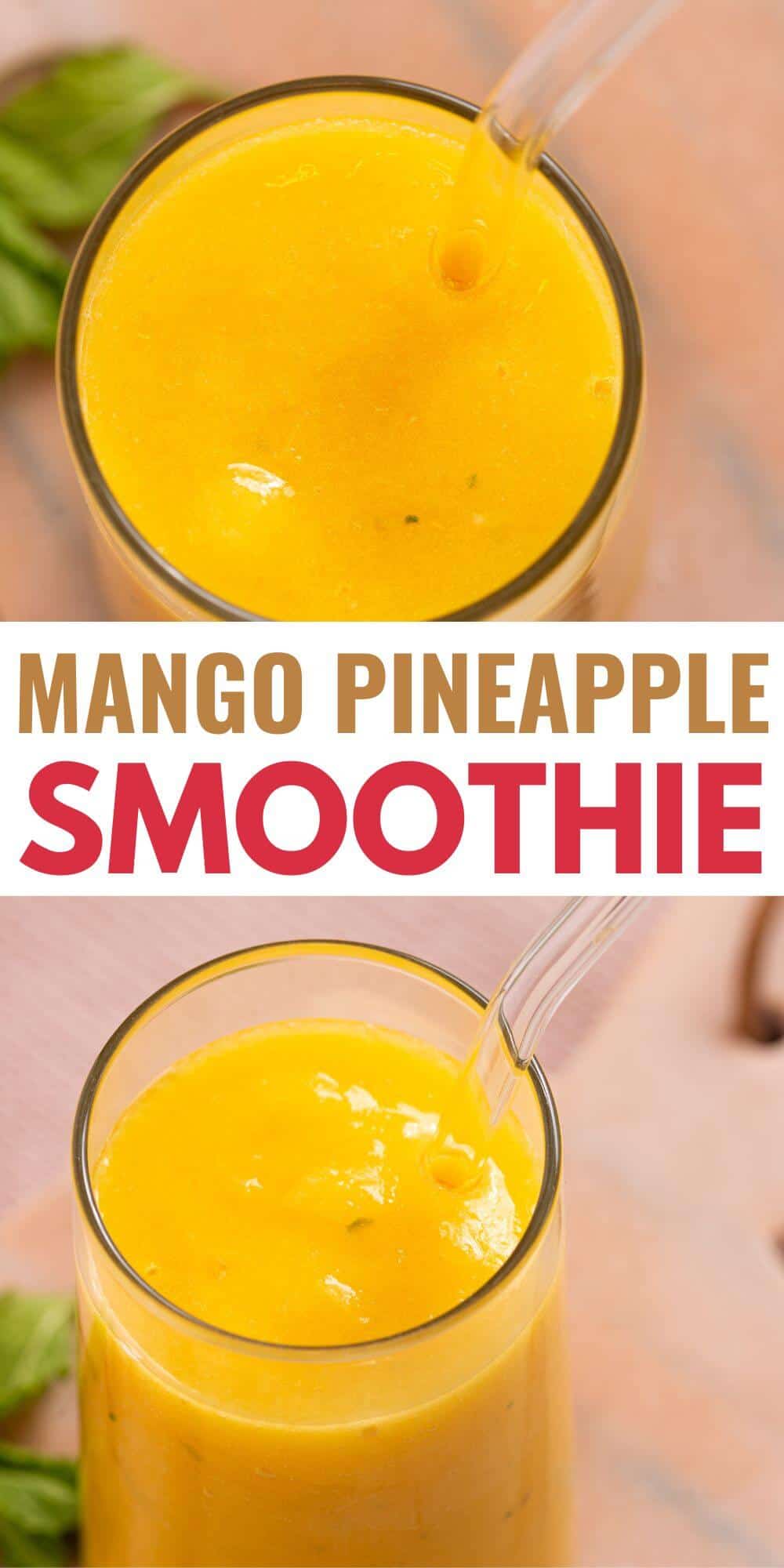 Two glasses of a bright yellow smoothie with clear straws. The text between the images reads "Mango Pineapple Smoothie" in bold letters.