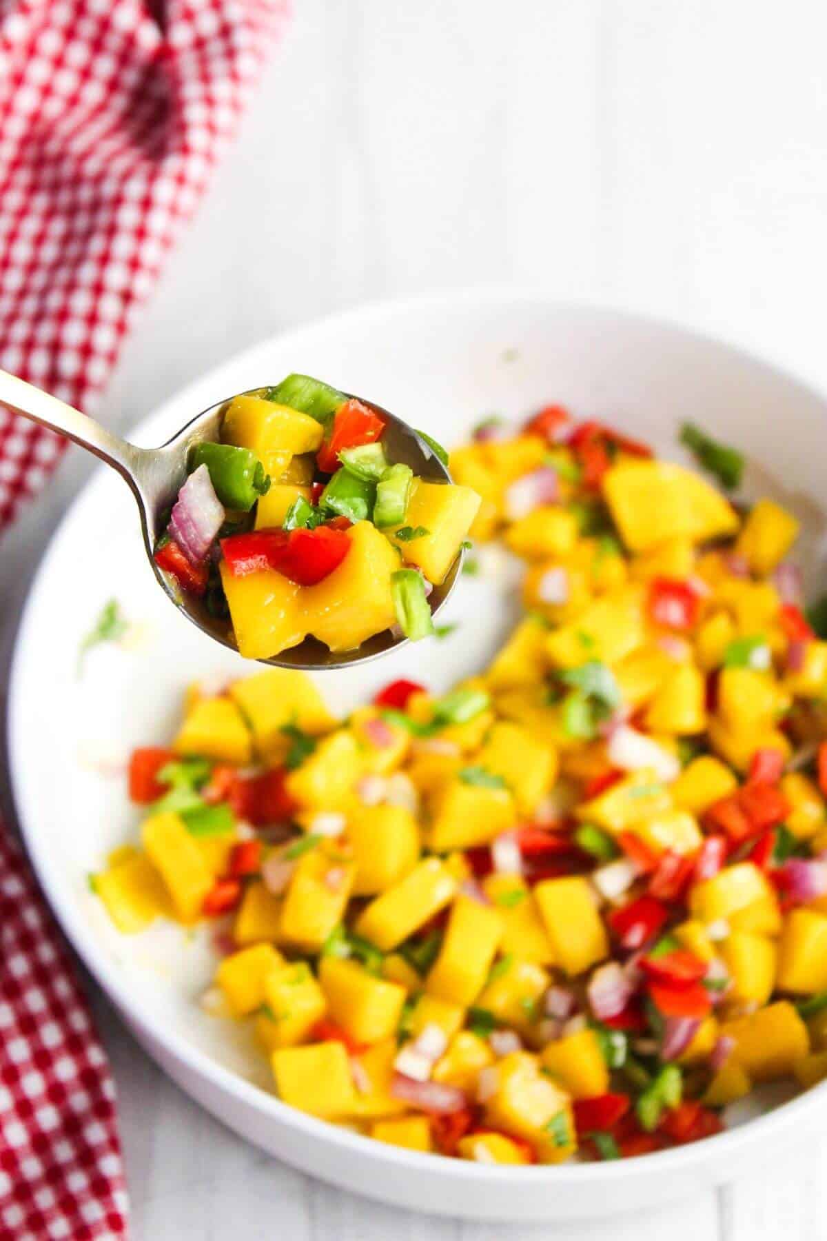 A spoonful of colorful mango salsa with diced mango, red bell pepper, red onion, and green herbs, held above a white bowl filled with more salsa. A red and white checkered cloth is partially visible.