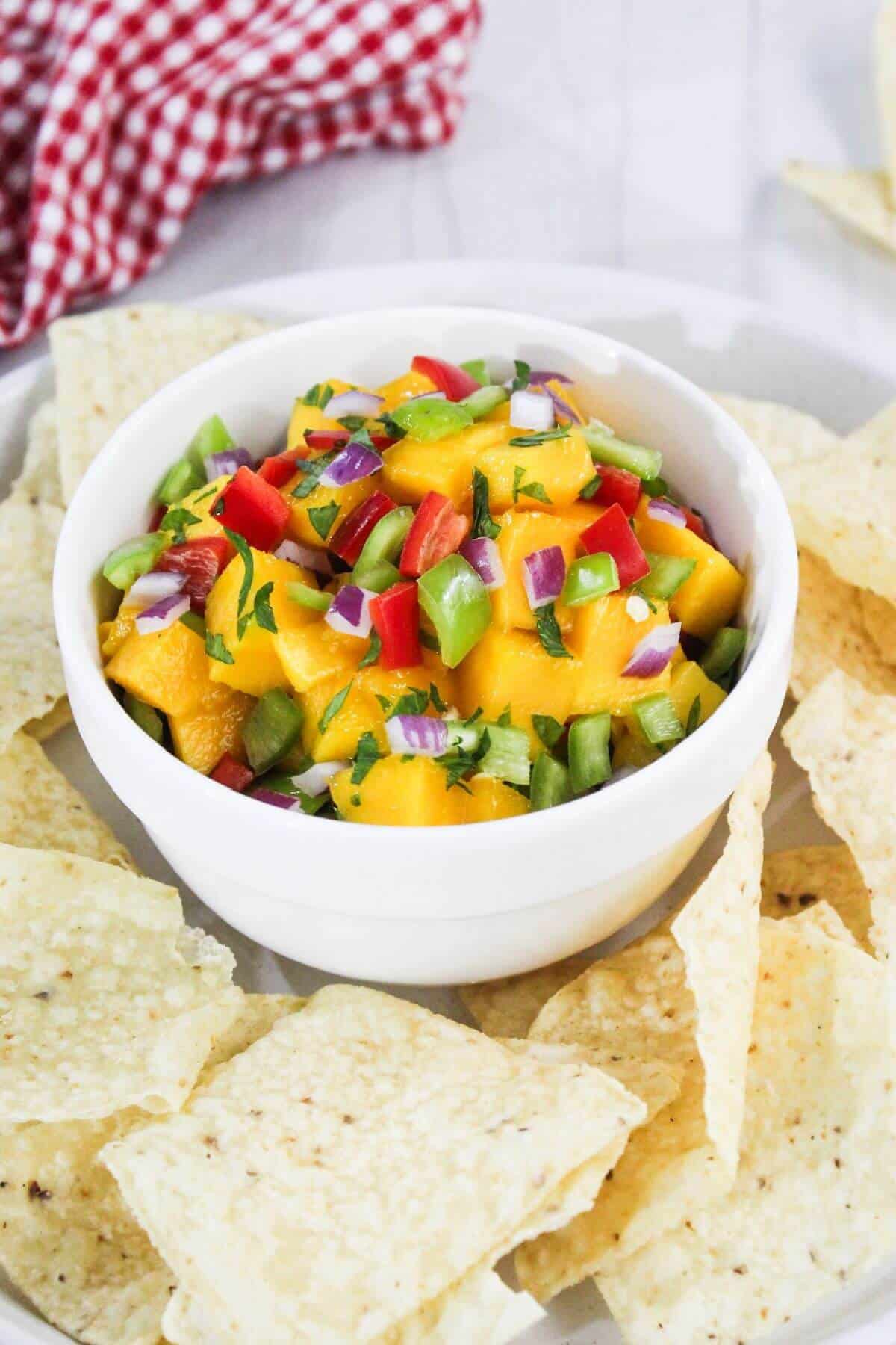 A bowl of mixed mango salsa with diced red and green bell peppers, red onions, and cilantro, surrounded by tortilla chips.