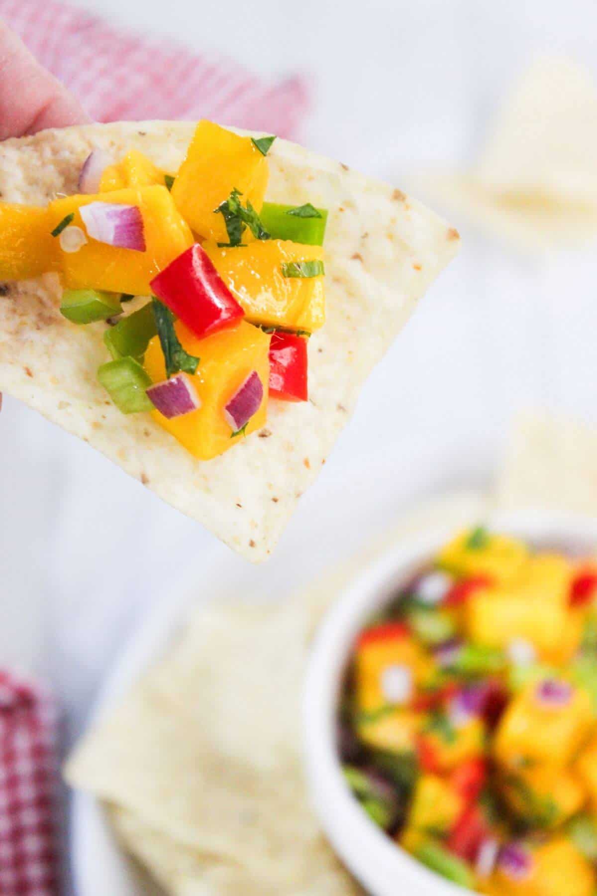 A tortilla chip topped with a mix of diced mango, red onion, red bell pepper, and green herbs is held above a bowl of similar salsa.