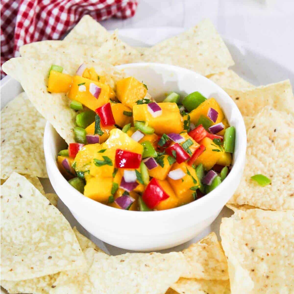 A bowl of mango salsa with diced mango, red onion, bell peppers, and cilantro, surrounded by tortilla chips, with a red checkered cloth in the background.