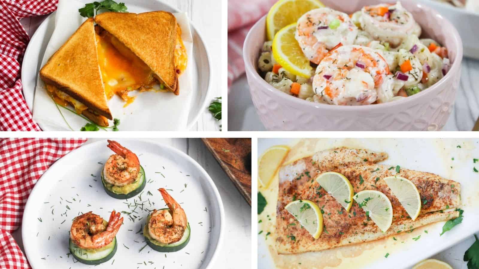 A collage of four dishes: grilled cheese sandwich with herbs, shrimp and lemon salad, shrimp on cucumber rounds, and a seasoned fish fillet with lemon slices.