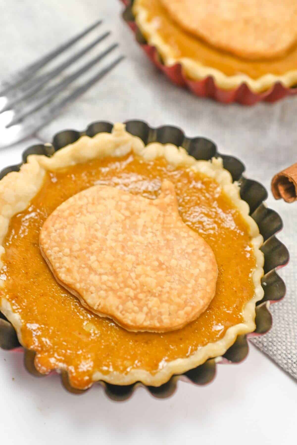 Two mini pumpkin pies with cinnamon on a plate.