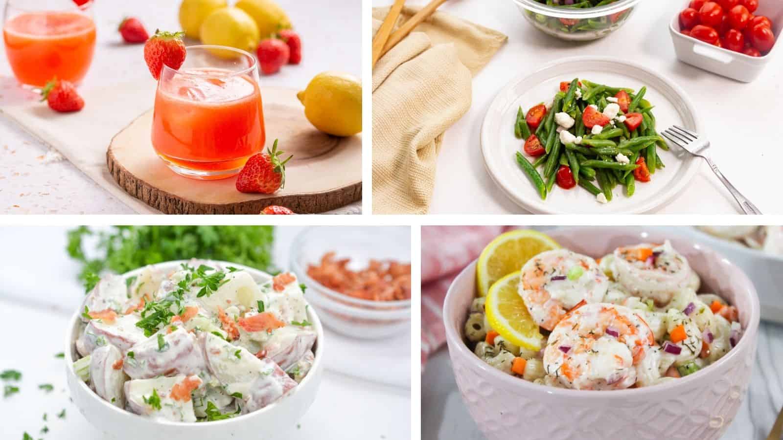 A collage of four simple summer recipes that won't waste your time: strawberry lemonade with lemons and strawberries; green beans and tomato salad; potato salad with chopped parsley; shrimp salad with lemon slices in a pink bowl.