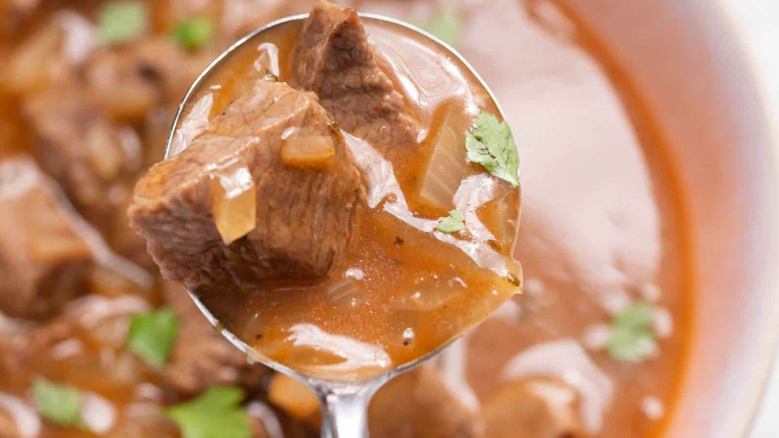 Close-up of a spoonful of beef stew with chunks of meat, onions, and parsley in a rich brown broth.