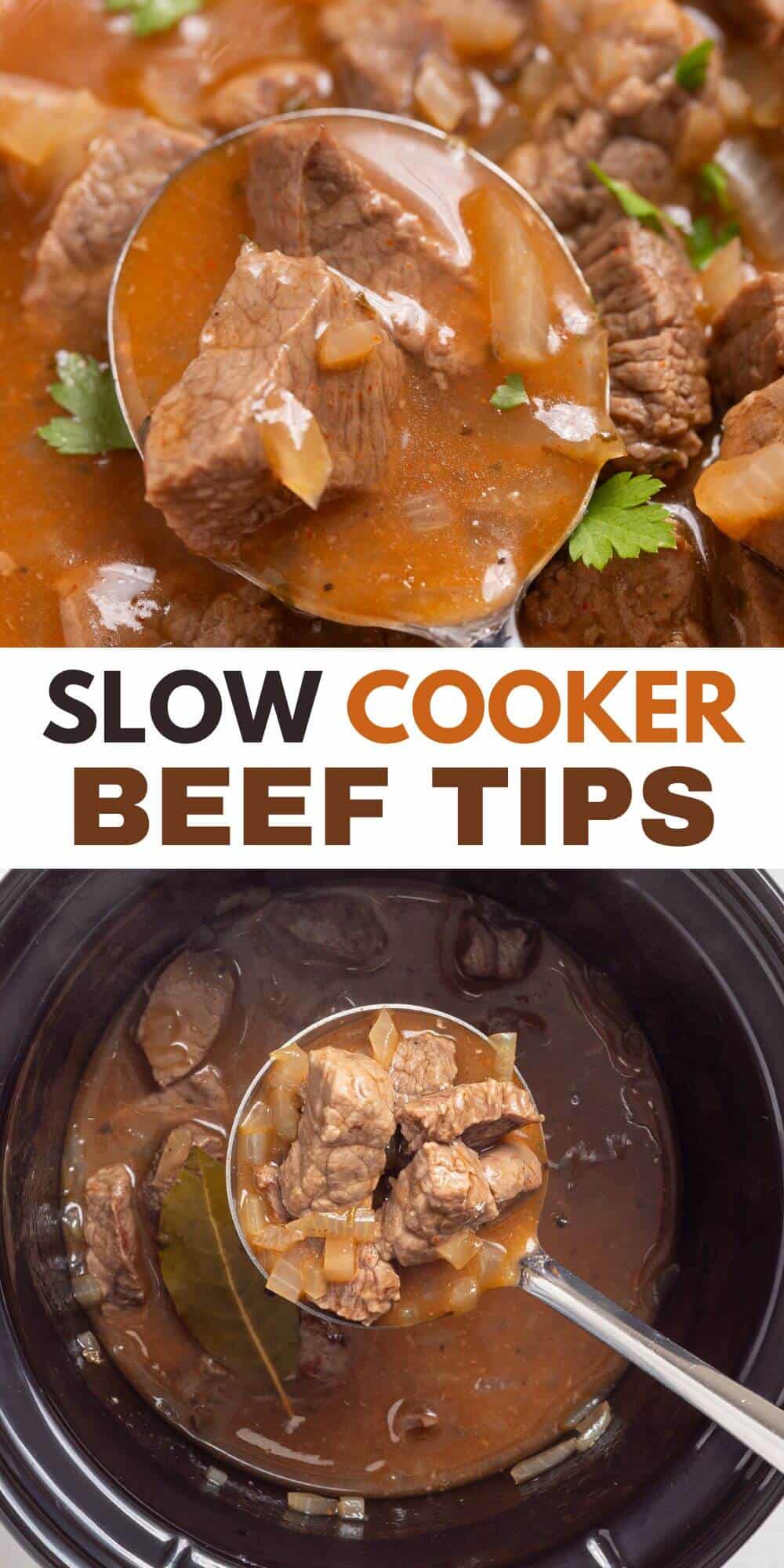 Two images of slow cooker beef tips: a close-up view showing tender beef chunks in a rich gravy and a wider shot of the dish in a slow cooker with a ladle.