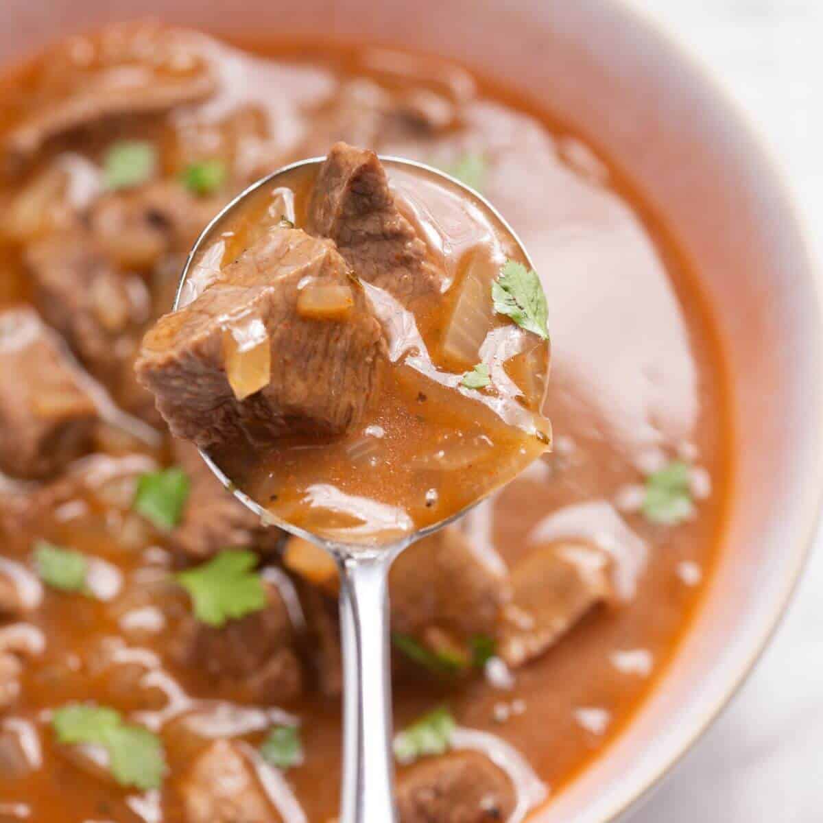 A close-up of a spoon holding a chunk of beef stew with vegetables and broth, garnished with cilantro, over a bowl of the same stew.