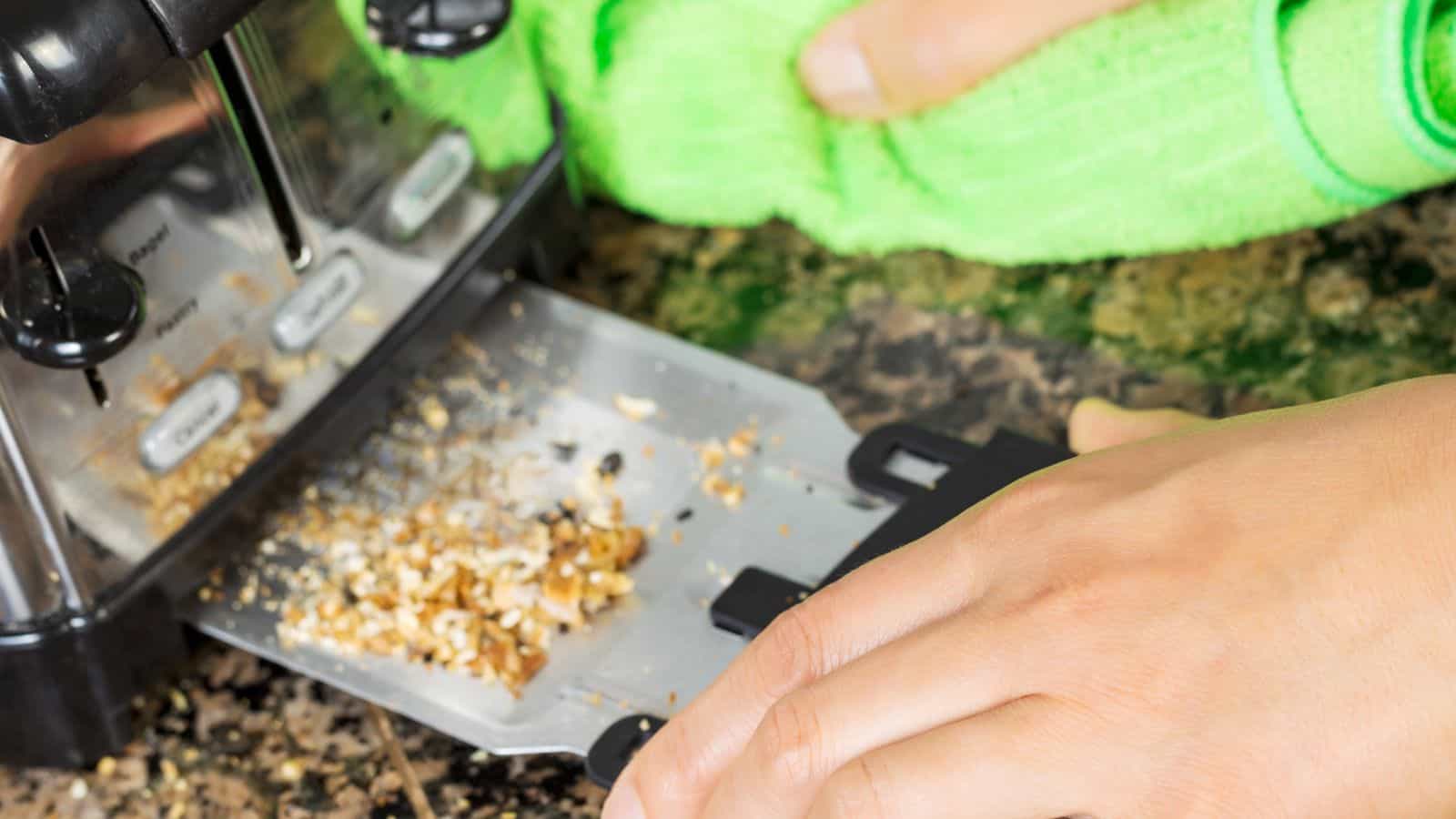 Hands cleaning a toaster crumb tray on a counter, with crumbs visible and a green cloth in use.