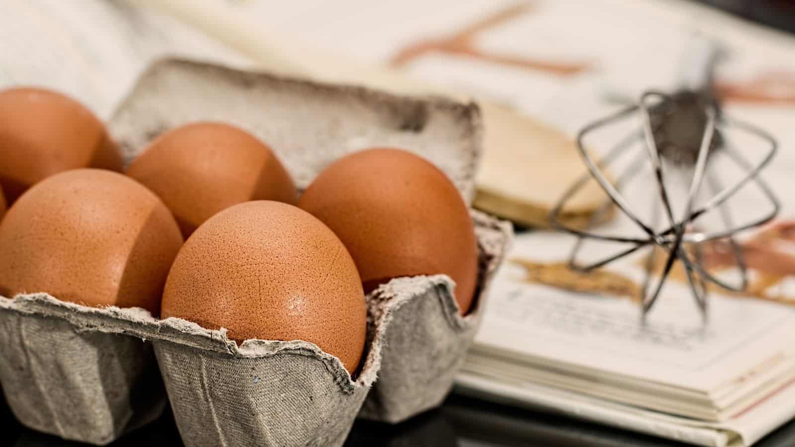 A carton of six brown eggs next to an open cookbook and a wire whisk.