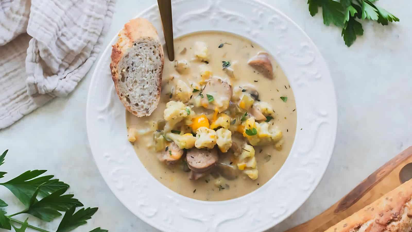 A bowl of creamy soup with cauliflower, mushrooms, and herbs, garnished with parsley and served with a slice of bread on a white plate.