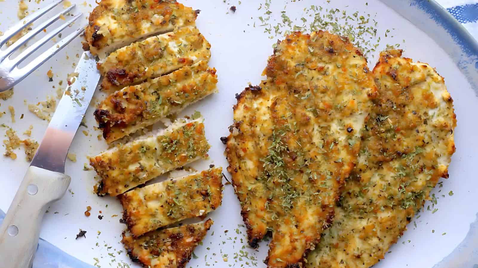 Two grilled chicken breasts seasoned with herbs on a plate, one sliced and the other whole, with a fork on the side.